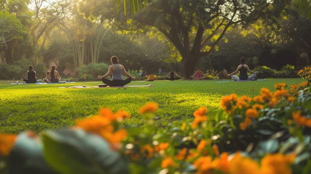 A serene outdoor yoga class in progress, with individuals practicing poses on mats in a lush garden during golden hour. AIG41