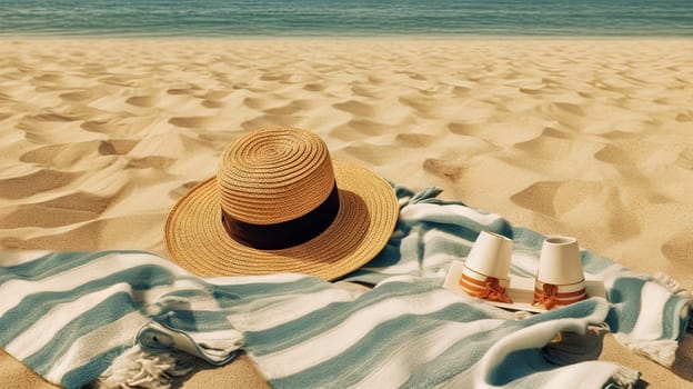 Hat and towel on the sand of the beach. Vacation scene with straw hat on the shore line. Generative AI