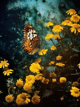 Butterfly on the colorful flowers and plants. Calm nature scene with dreamy colors. Generated AI