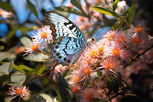 Butterfly on the colorful flowers and plants. Calm nature scene with dreamy colors. Generated AI