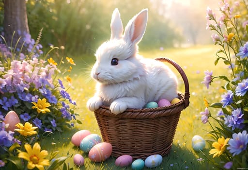 White bunny with Easter eggs in nature. AI generated image.