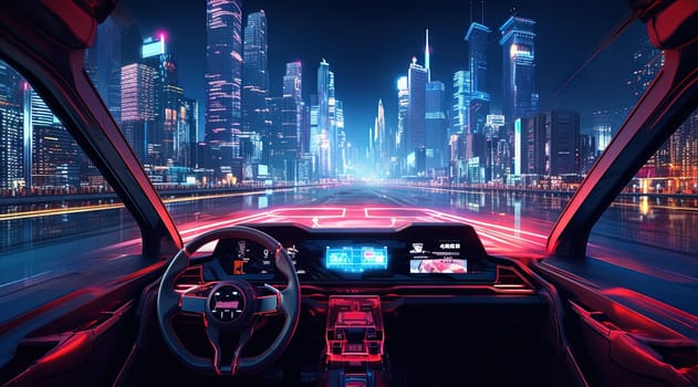 Furutistic car dashboard in the neon city.Synthwave or cyberpunk automobile control panel. Generated AI