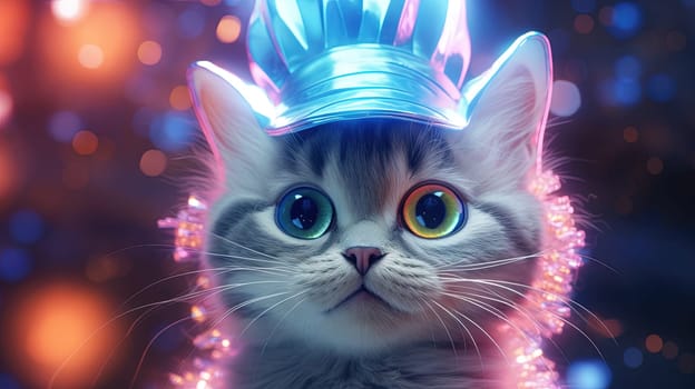 Party cat in neon colors. Funny kitten with holographic hat in 90s style neon lights. Generated AI