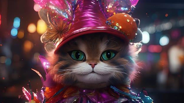 Party cat in neon colors. Funny kitten with holographic hat in 90s style neon lights. Generated AI