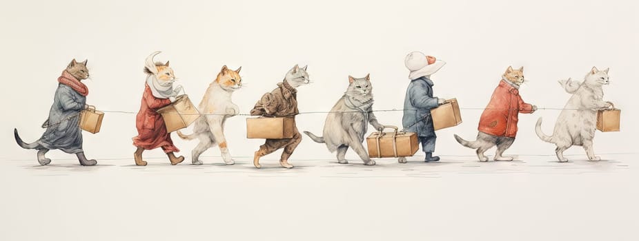 Cute cats family travelling with luggage. Watercolor styled kittens with suitcases. Generated AI