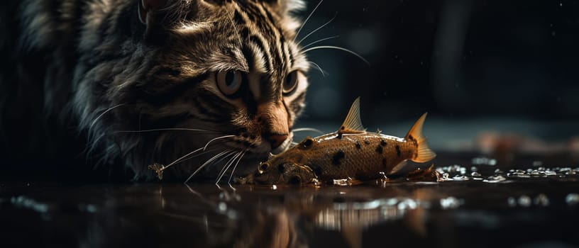 Cute cat watching the fish. Funny kitten sniffing the fish. Generated AI