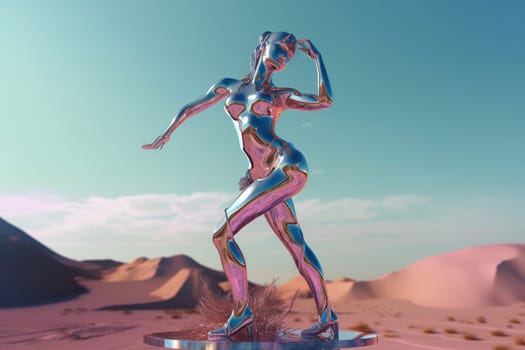 Crome robot woman dancing in the desert. Artificial intelligence rise and shiny. Mechanical beauty. Generated AI