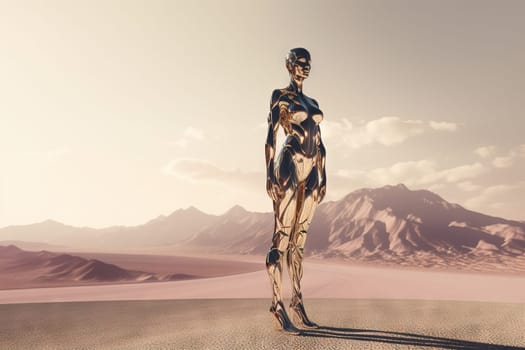 Crome robot woman standing in the desert. Artificial intelligence rise and shiny. Mechanical beauty. Generated AI
