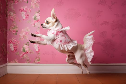 Cute chihuahua puppy jumping in the pink room. Tiny dog soaring in light veil and tulle. Generated AI