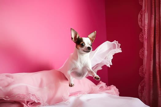 Little cute dog chihuahua in pink room with laces. Generated AI