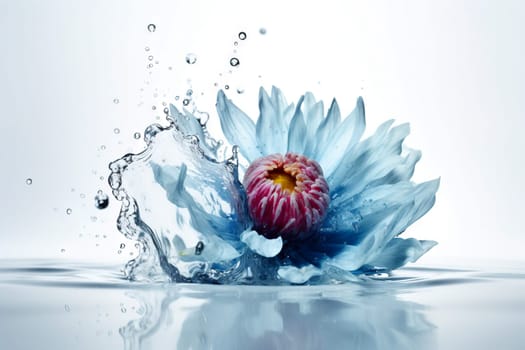 Flower in splashing water. Floral freshness concept with water drops for cosmetic, moisture and self-care packaging. Generated AI