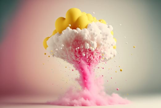Abstract sweet foam clouds with splashing forms and drops. Colorful foam cloud ro sweet cotton background. Generated AI
