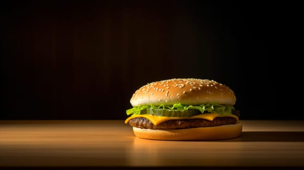 Juicy tasty hamburger on the table. Fast food image of a burger with grilled meat. Generated AI