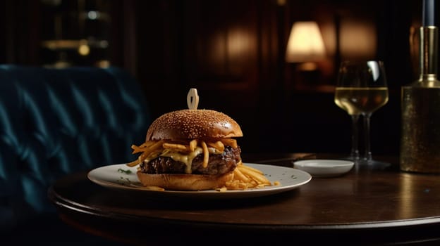 Juicy tasty hamburger on the table. Fast food image of a burger with grilled meat. Generated AI