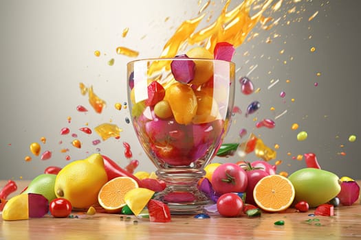 Glass of juice with fruits and berries on the table. Drink splash of sweet organic cocktail. Generated AI