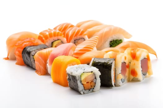 Sushi set. Collection of fast fool in asian style. Classic shushi and rice rolls. Generated AI