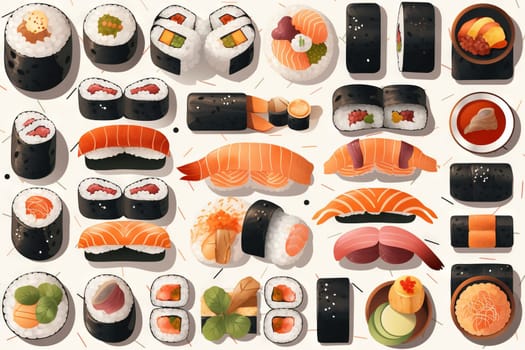 Sushi set. Collection of fast fool in asian style. Classic shushi and rice rolls. Generated AI