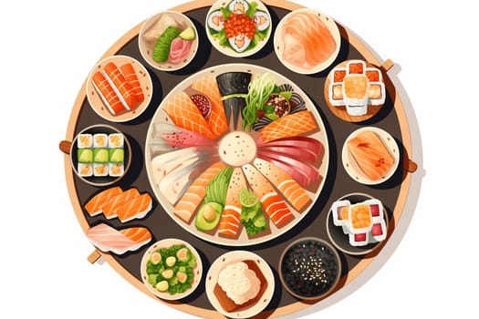 Sushi set. Collection of fast fool in asian style. Classic shushi and rice rolls. Generated AI