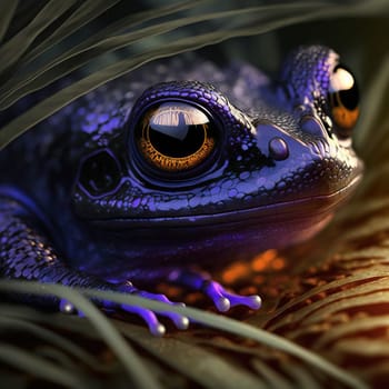 Mysterious blue frog. Tropical animal, fairytale wildlife character. Generated AI