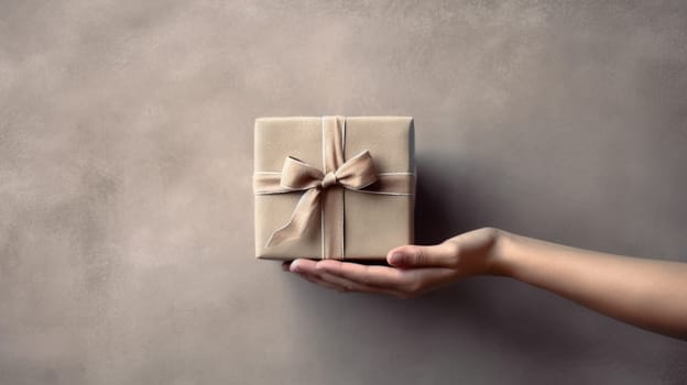 Handcrafted gift box in hands. Offering of the beautiful handmade giftbox. Generated AI