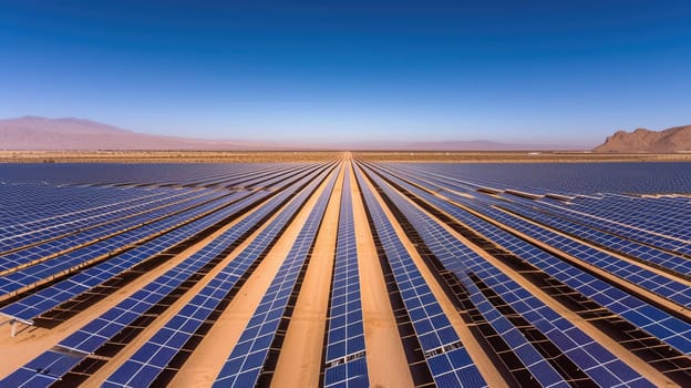 A vast solar panel farm stretches across a desert landscape, harnessing the power of the sun for renewable energy. AIG41