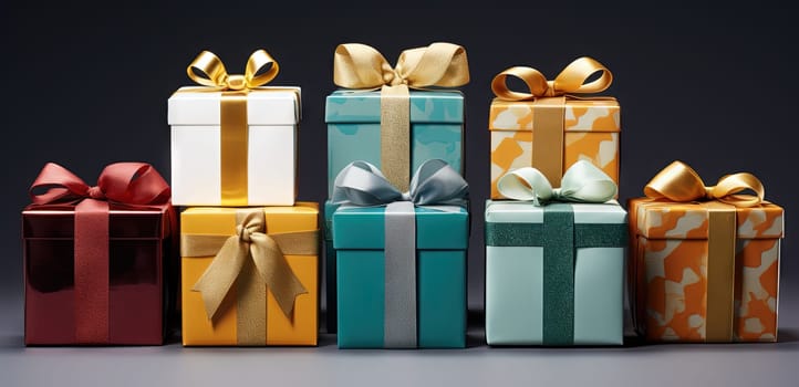 Set of gift boxes with ribbons, arranged for holidays or sale and discount event. Generated AI