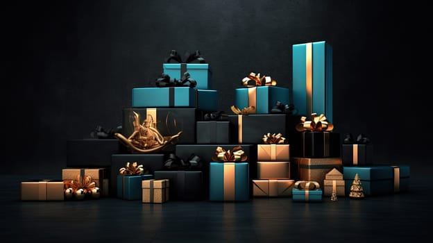 Compostion of gift boxes with ribbons for holiday sale event. Generated AI