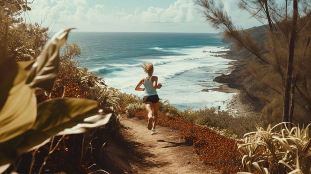 A woman enjoys leisurely running along a coastal path, surrounded by the natural landscape of ocean, sky, plants, beach, and grass. AIG41