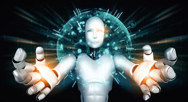 XAI 3d illustration AI humanoid robot holding hologram screen shows concept of global communication network using artificial intelligence thinking by machine learning process. 3D illustration computer graphic.