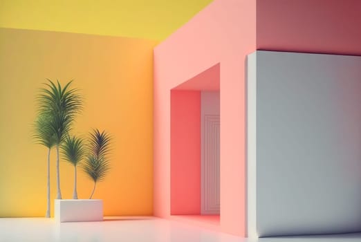 Abstract colorful interior with plants and minimalistic decorations. Vivid colored architectural background. Generated AI