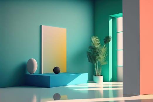 Abstract colorful interior with plants and minimalistic decorations. Vivid colored architectural background. Generated AI