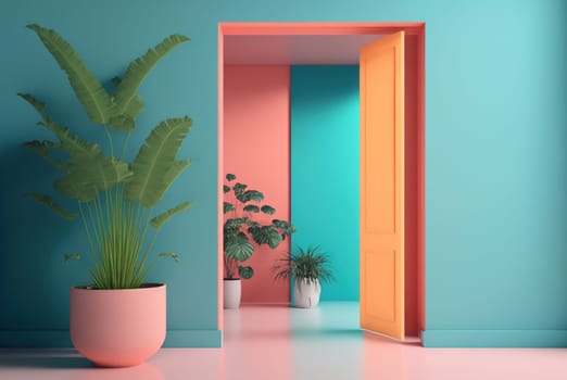 Abstract colorful interior with plants and minimalistic decorations. Vivid colored architectural background. Generated AI