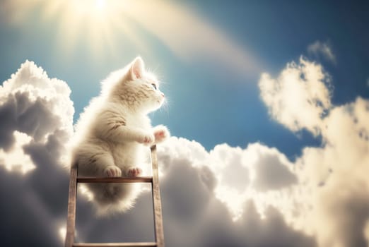 Curious kitten climbing the ladder to the sky with clouds. Cute tiny cat on the stairway. Generated AI