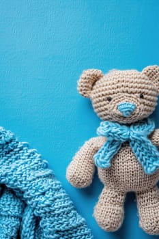 Blue background with plush toy and copy space. It's a boy backdrop with empty space for text. Baby shower or birthday invitation, party. Baby boy birth announcement. Vertical format. Generative AI