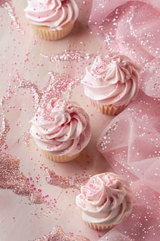 Delicate pink cupcakes with sparkling sprinkles, perfect for celebrating special occasions like baby showers, birthdays, or for sweet-themed creative projects. Baby girl birth. Generative AI