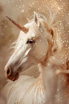 A magical unicorn with a sparkling horn, set against a backdrop of glittering lights, ideal for fantasy themes, childrens books, or enchanting event promotions. Generative AI