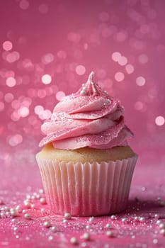 Pink vertical background with glittering cupcake, copy space. Womens Day. It's a girl backdrop with empty space. Baby shower or birthday invitation, party. Baby girl birth announcement. Generative AI