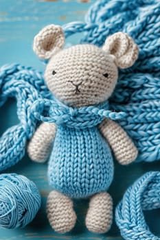 Handcrafted blue knitted toy, ideal for baby boy announcements, crafting blogs, toy store promotions, and cozy childhood themes. Baby shower or birthday invitation, party. Vertical. Generative AI