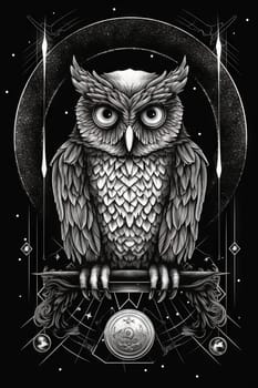 Wild owl with mystic design elements. Occult wise bird black and white symbol in vintage style. Generated AI.