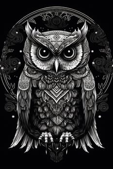 Wild owl with mystic design elements. Occult wise bird black and white symbol in vintage style. Generated AI.