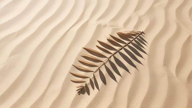 Plam leaf on the tropical beach sand. Vacation and relaxation concept with dry palm leaf on the hot summer beach. Generated AI