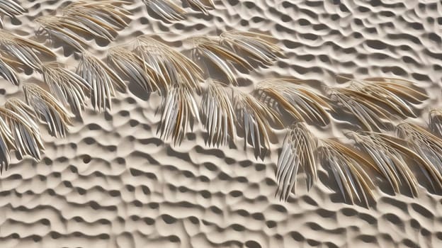 Plam leaves on the tropical beach sand background. Vacation and relaxation concept with dry palm leaves on the hot summer beach. Generated AI