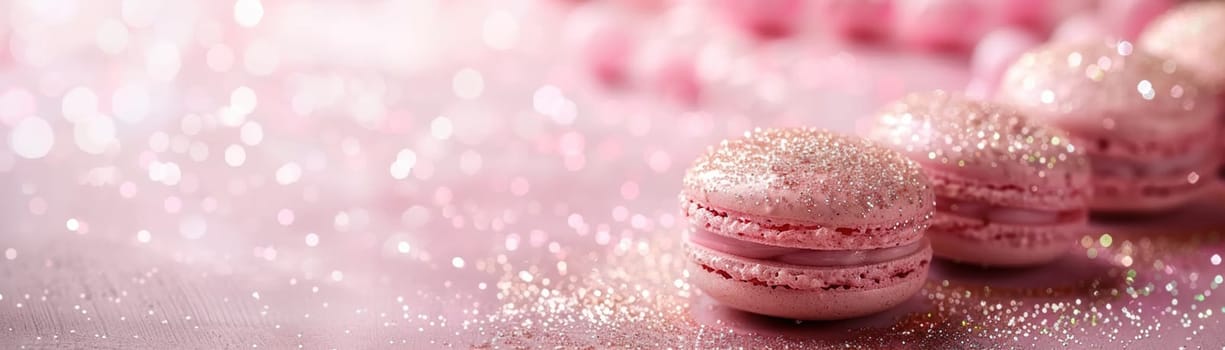 Pink background with elegant glittering macarons, copy space. Women's Day. Its a girl backdrop with empty space. Baby shower or birthday invitation, party. Baby girl birth announcement. Generative AI