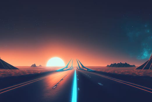 Road to the horizon concept with synthwave colors. Abstract background with surreal night way in 80s style. Generated AI