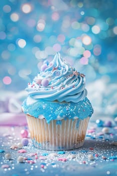 Blue glittering background with cupcake and copy space. It's a boy backdrop with empty space for text. Baby shower or birthday invitation, party. Baby boy birth announcement. Men's Day. Generative AI