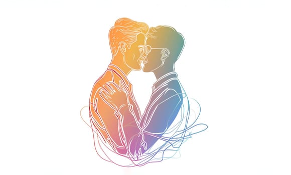 Greeting Card Gay Pride Day. Neon Bright Rainbow Portrait of Two Hugging Men on White Background. Horizontal Mockup. Design For Postcard. AI Generated. LGBT Pride Month.
