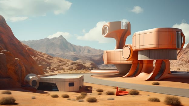 Retro futuristic architecture in sci-fi scene on the desert planet. Alien landscape with nostalgic retro future constructions. Generated AI