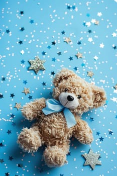 Charming teddy bear with a blue bow on a starry background, perfect for baby boy announcements, birthday invitations, or nursery decoration visuals. Vertical format. Generative AI