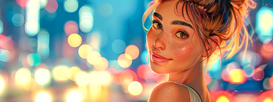 Digital Portrait of a Woman with Bokeh Lights, copy space