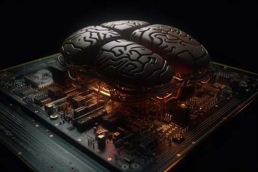 Artificial intelligence science concept with technological AI brain on the circuit board. Generated AI